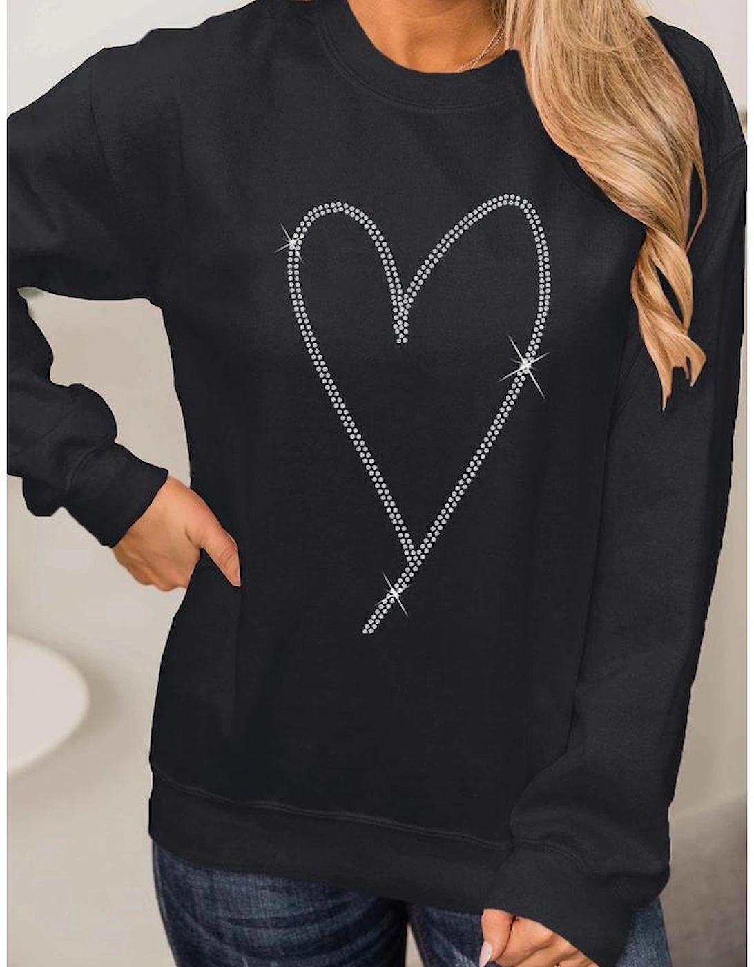Black Rhinestone Heart Pattern Valentines Fashion Sweatshirt