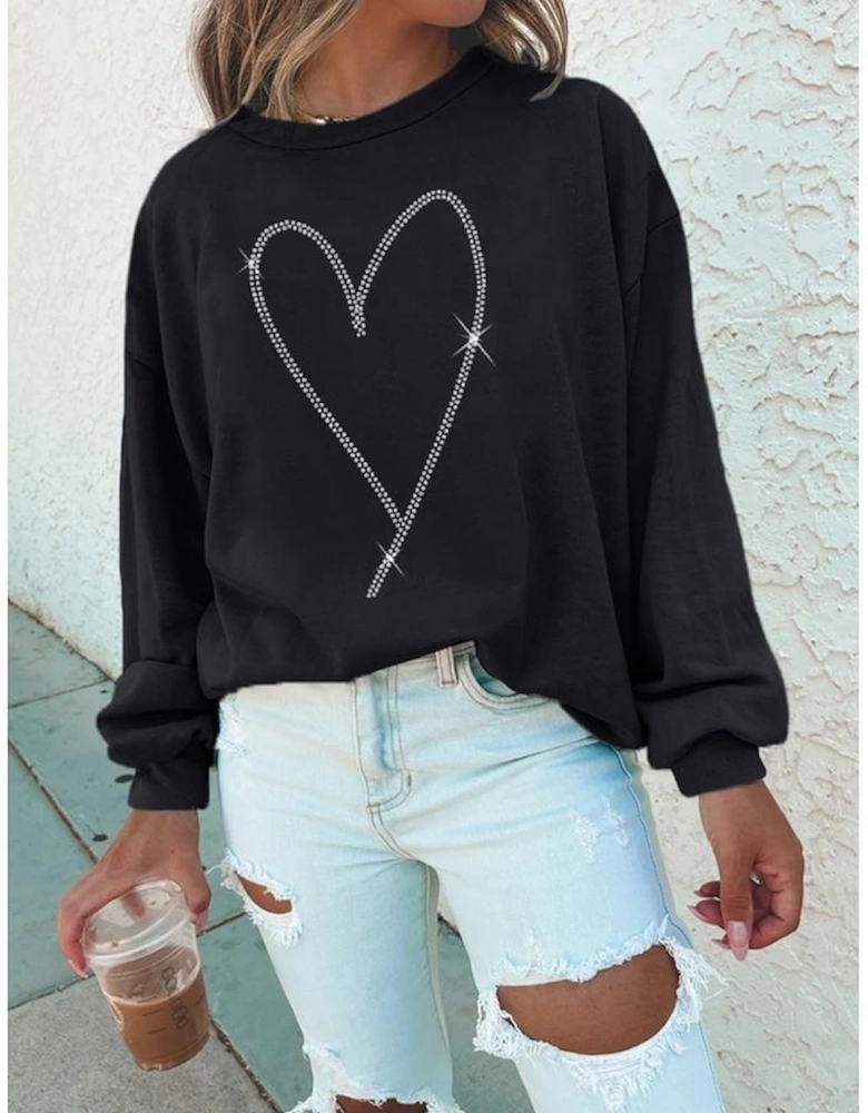Black Rhinestone Heart Pattern Valentines Fashion Sweatshirt