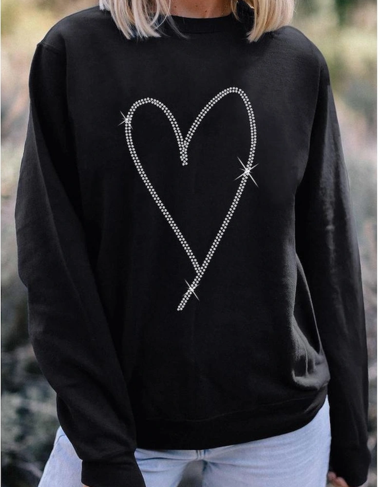 Black Rhinestone Heart Pattern Valentines Fashion Sweatshirt