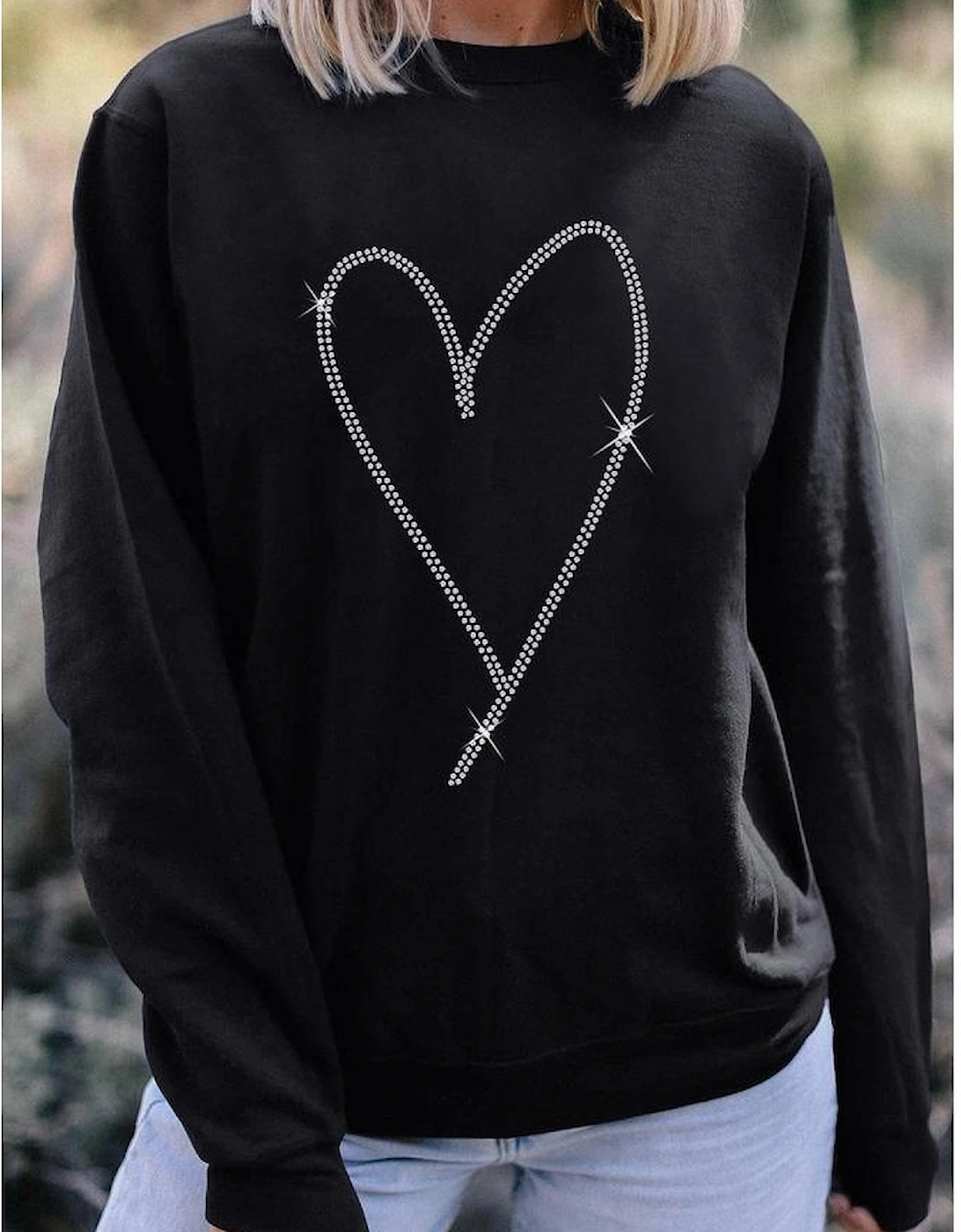Black Rhinestone Heart Pattern Valentines Fashion Sweatshirt