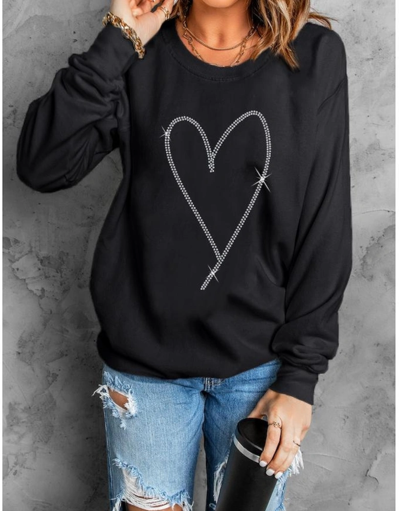 Black Rhinestone Heart Pattern Valentines Fashion Sweatshirt