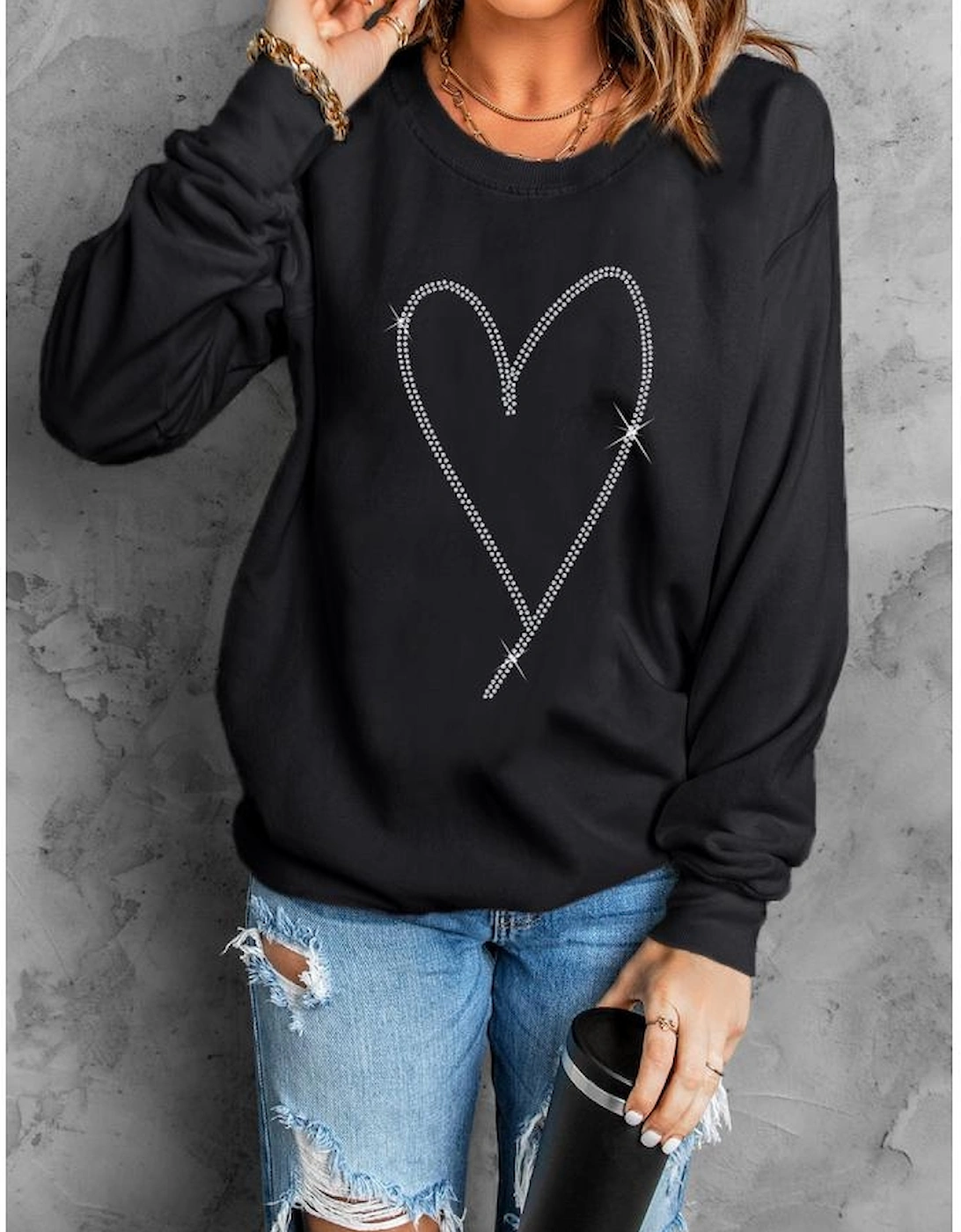 Black Rhinestone Heart Pattern Valentines Fashion Sweatshirt