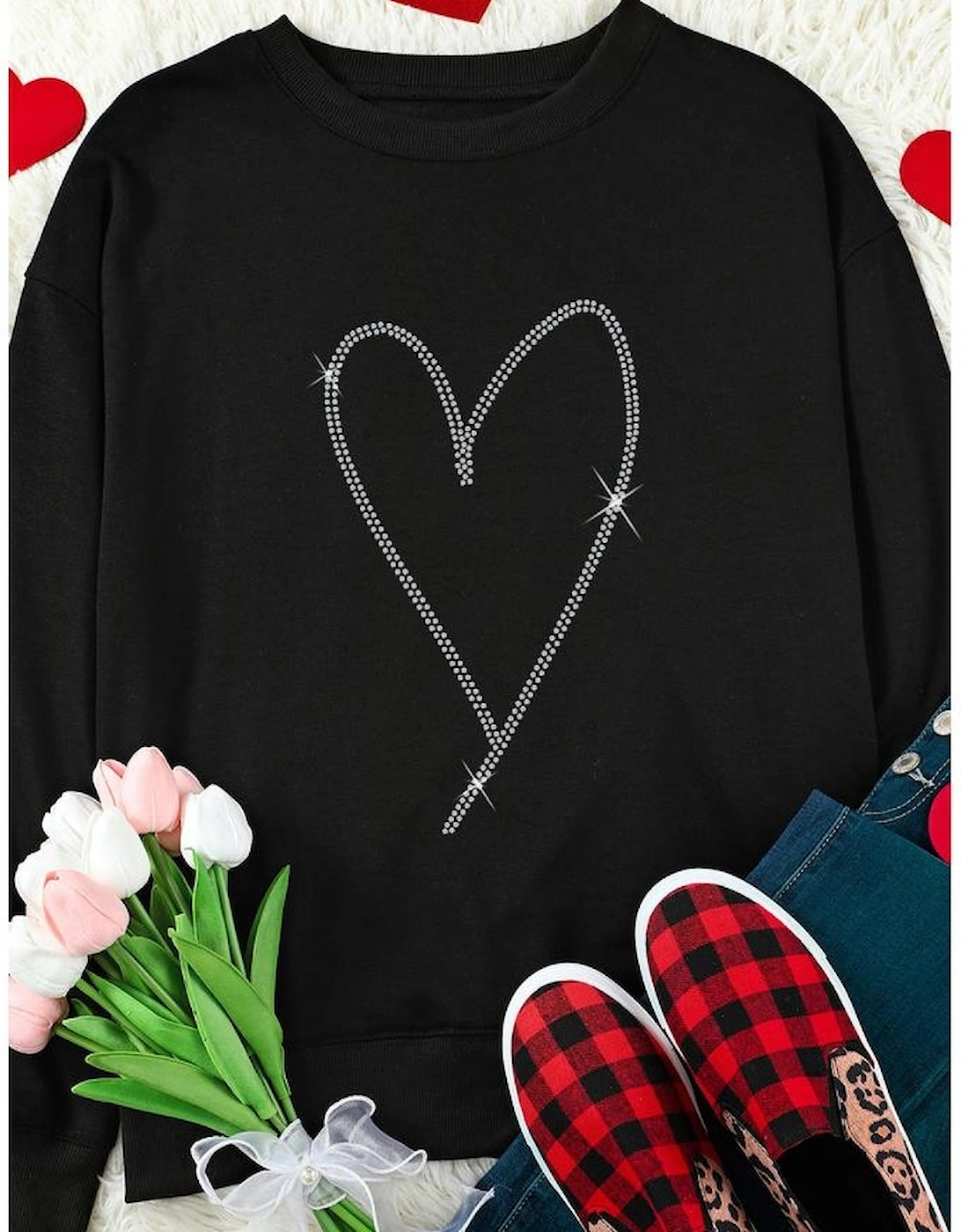 Black Rhinestone Heart Pattern Valentines Fashion Sweatshirt