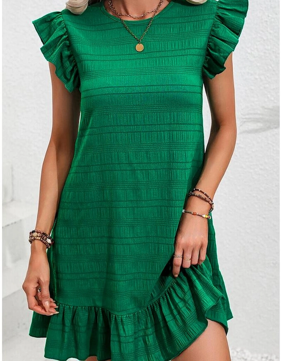 Dark Green Textured Flutter Sleeve Ruffled Mini Dress