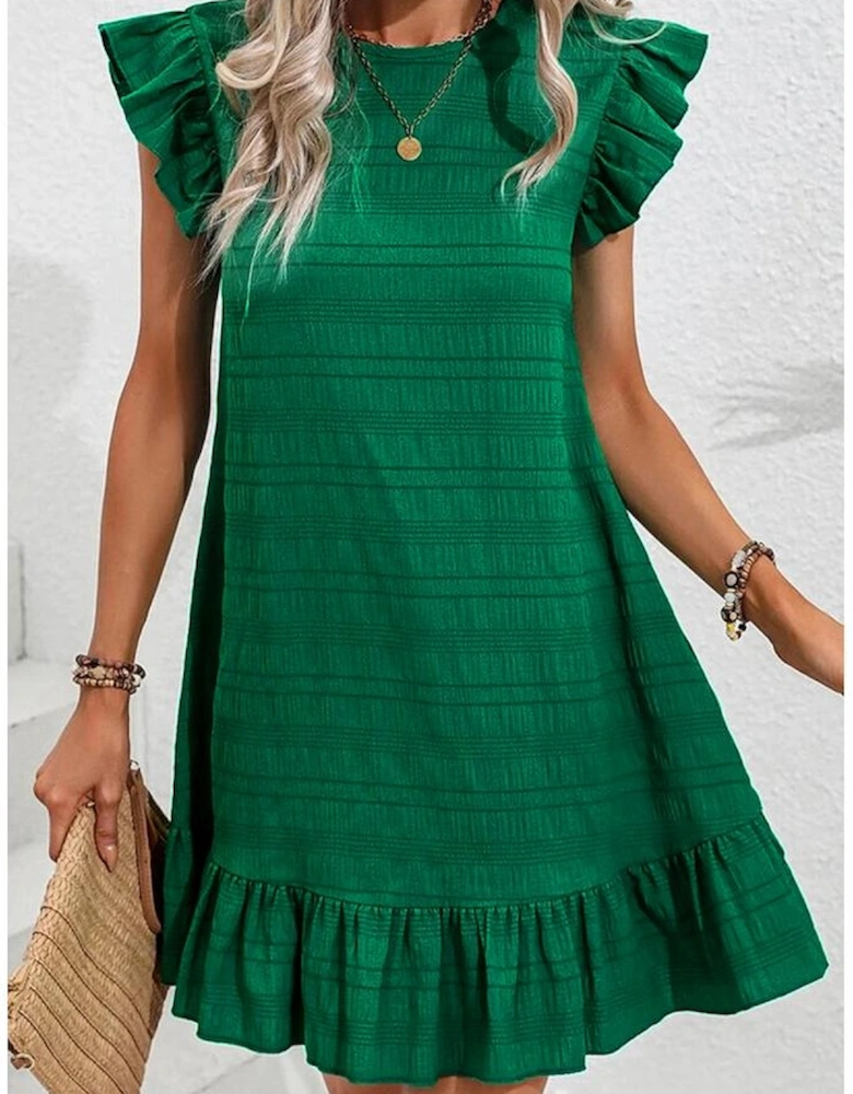 Dark Green Textured Flutter Sleeve Ruffled Mini Dress