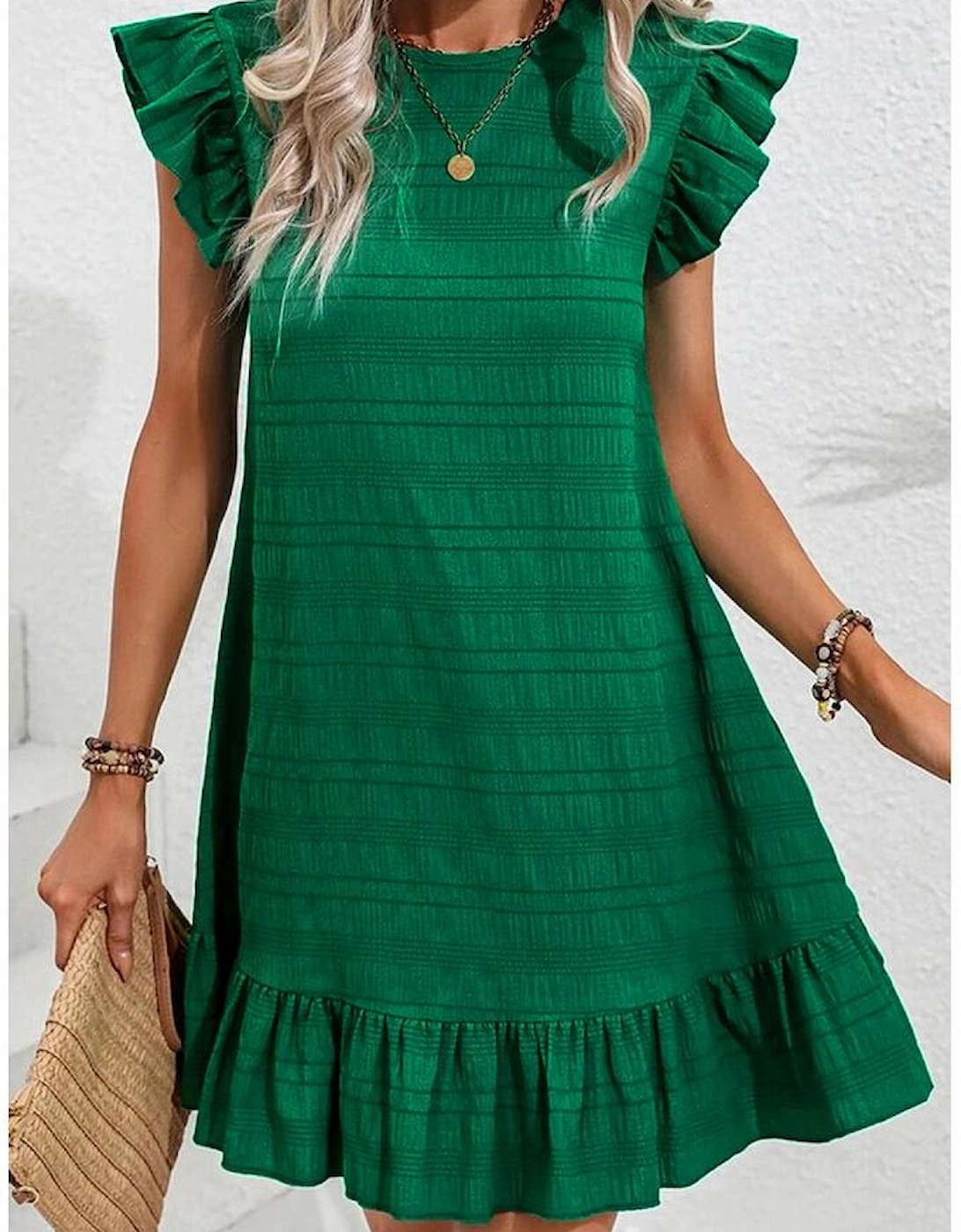 Dark Green Textured Flutter Sleeve Ruffled Mini Dress