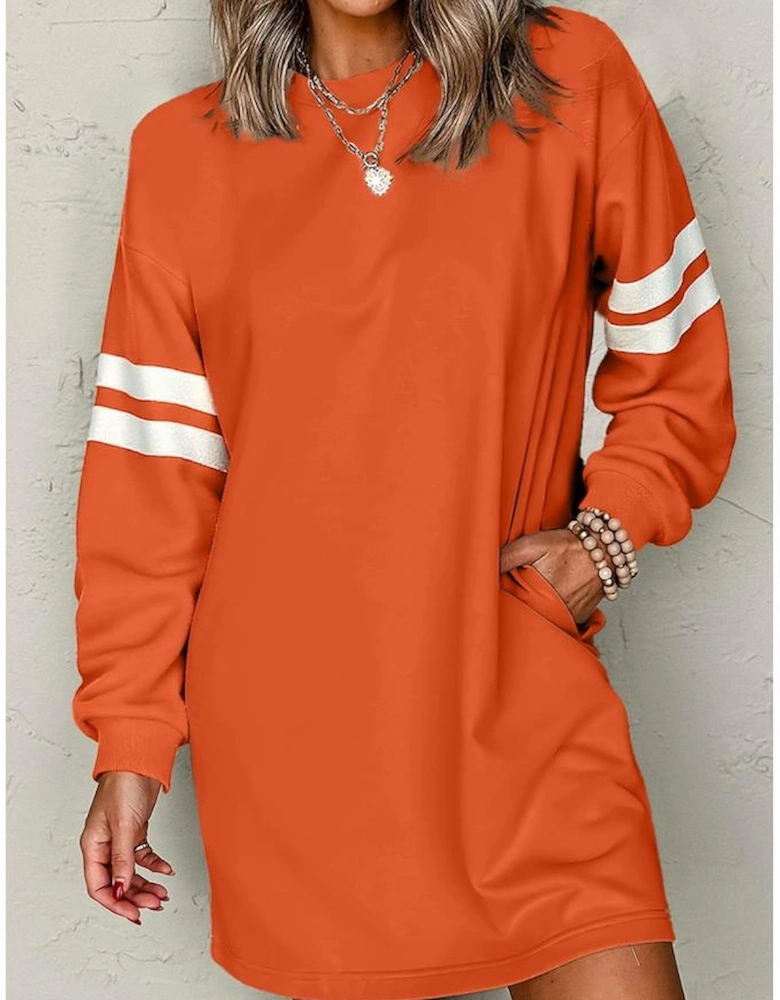 Orange Varsity Contrast Banded Sleeve Shift Sweatshirt Dress