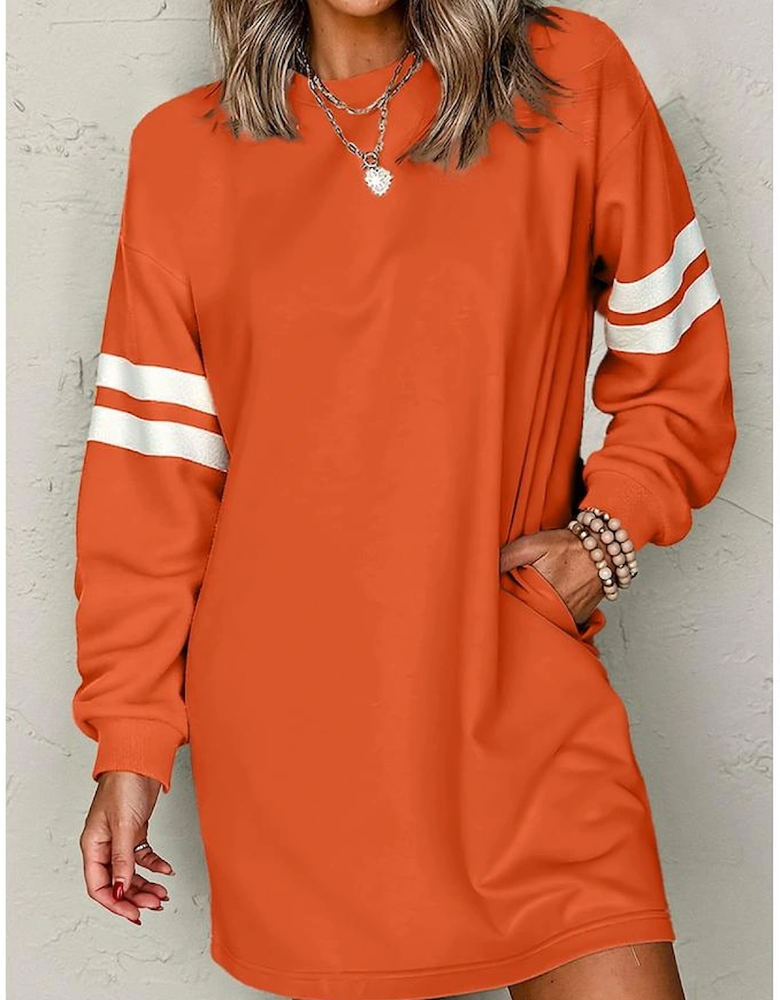Orange Varsity Contrast Banded Sleeve Shift Sweatshirt Dress