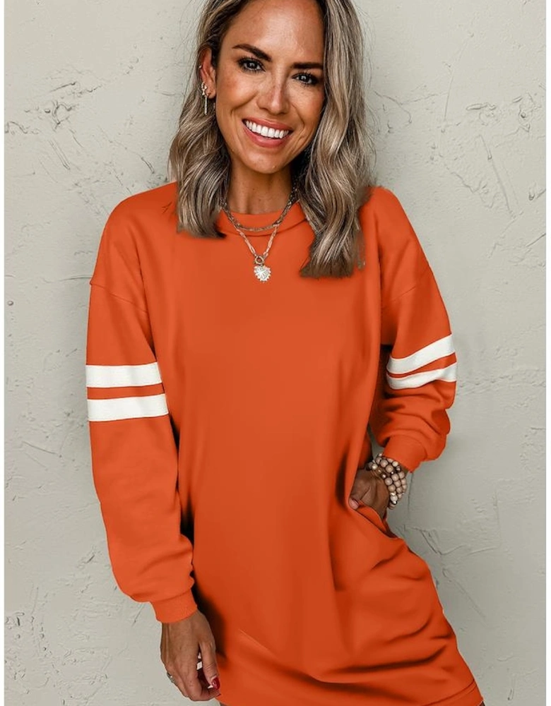 Orange Varsity Contrast Banded Sleeve Shift Sweatshirt Dress
