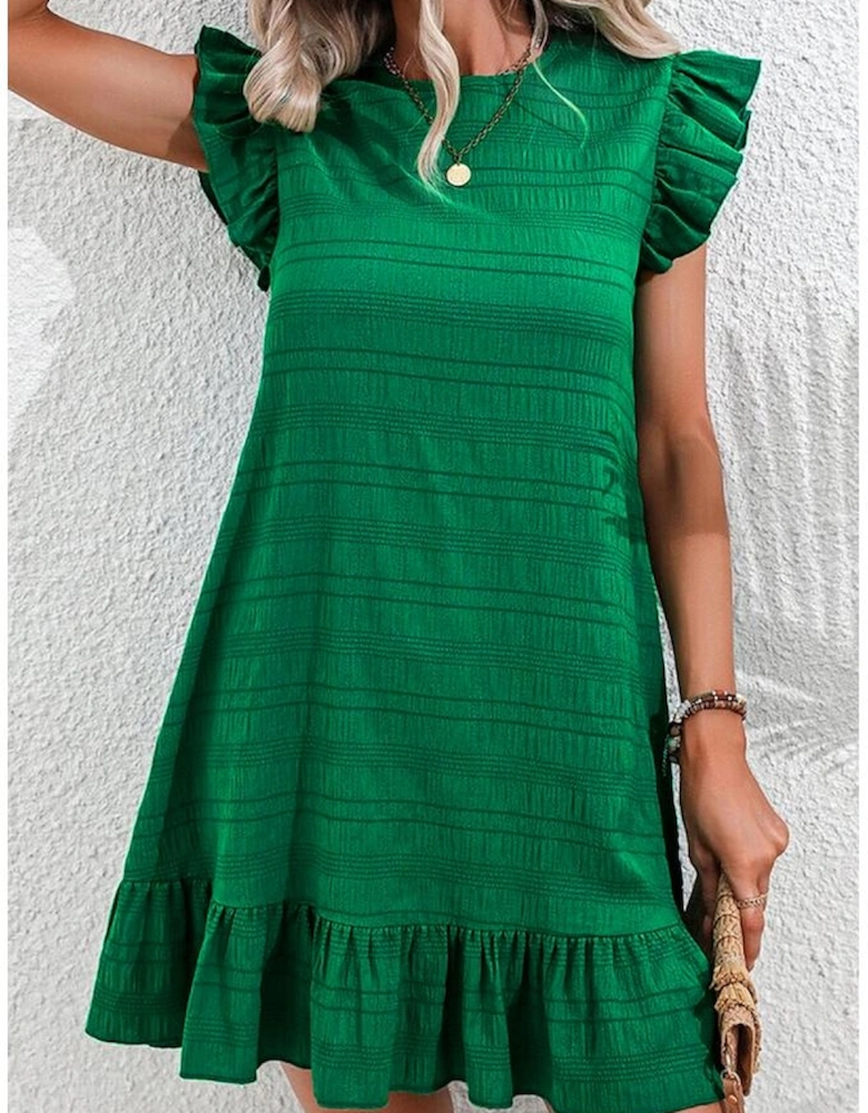Dark Green Textured Flutter Sleeve Ruffled Mini Dress
