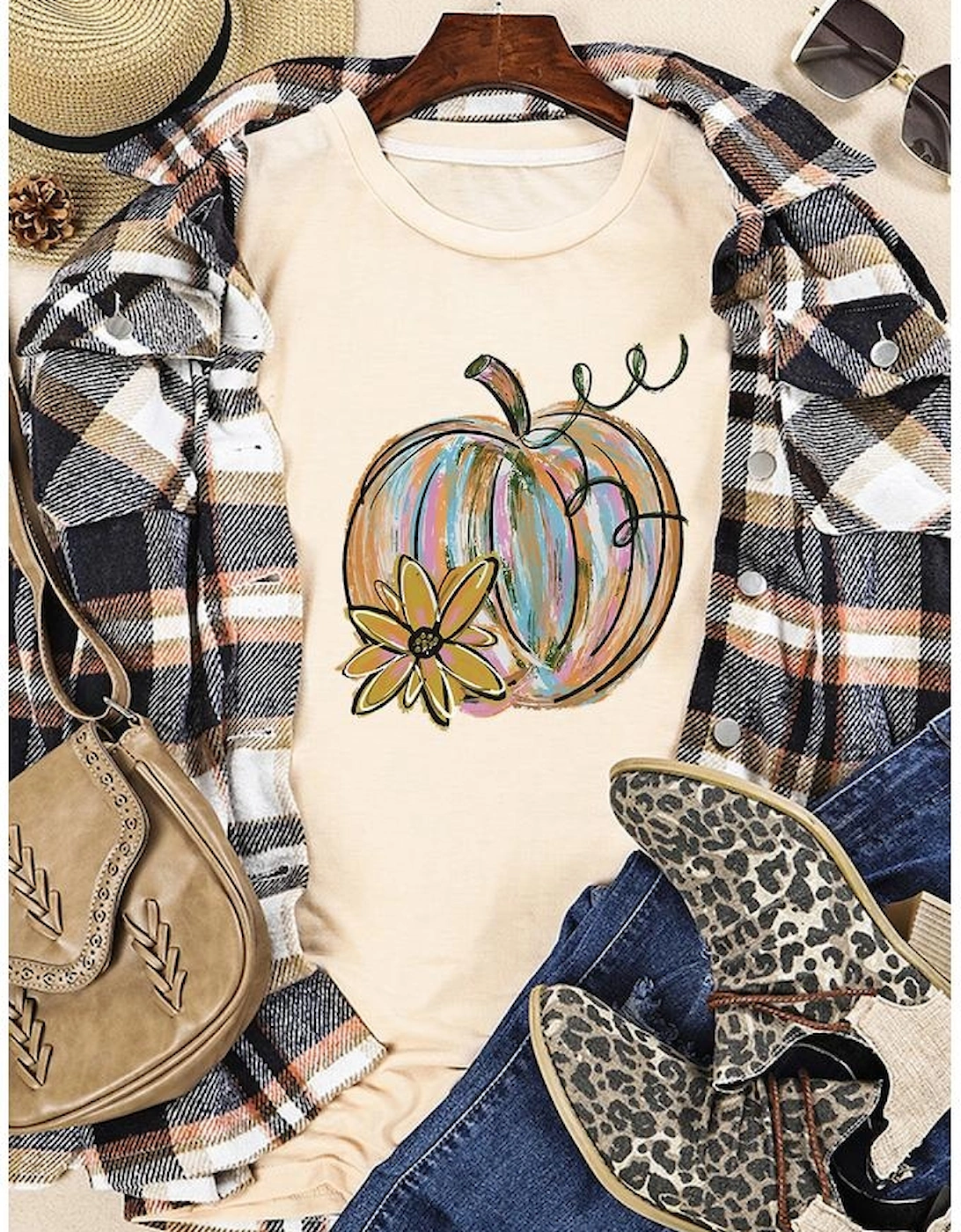 Khaki Pumpkin with Flower Graphic T Shirt, 6 of 5