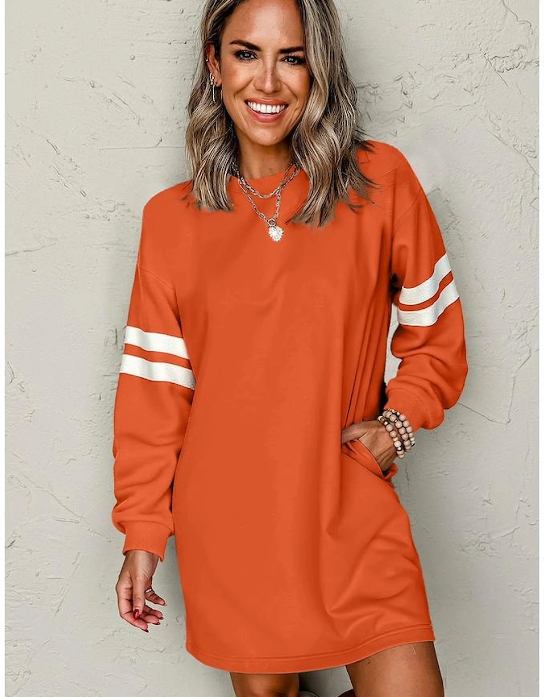 Orange Varsity Contrast Banded Sleeve Shift Sweatshirt Dress