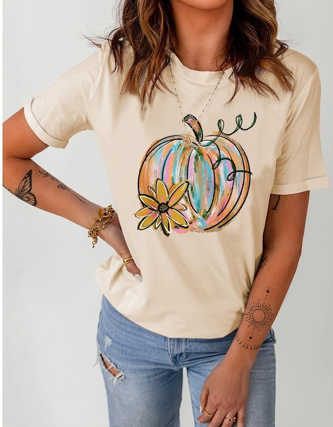 Khaki Pumpkin with Flower Graphic T Shirt