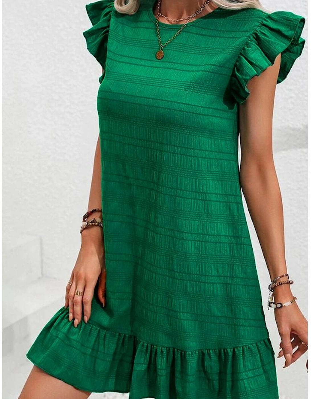 Dark Green Textured Flutter Sleeve Ruffled Mini Dress