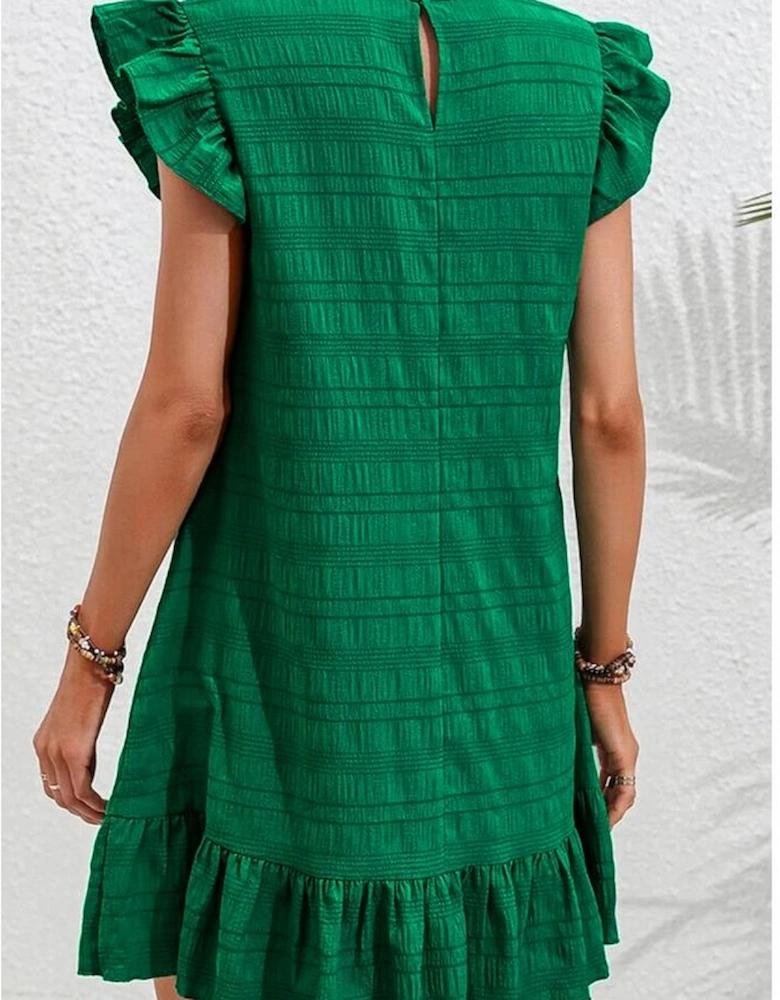 Dark Green Textured Flutter Sleeve Ruffled Mini Dress