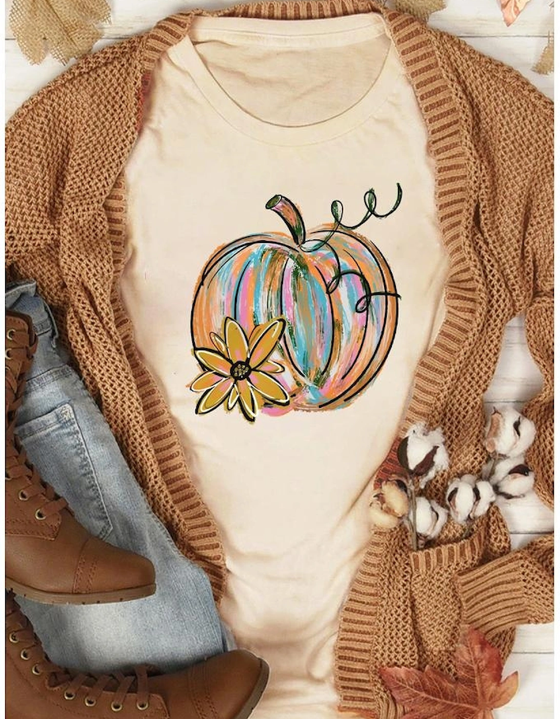Khaki Pumpkin with Flower Graphic T Shirt