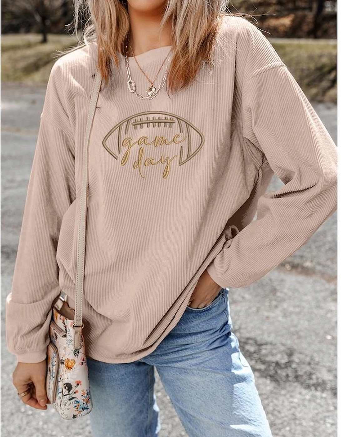 Apricot Rugby Game Day Embroidered Corduroy Sweatshirt