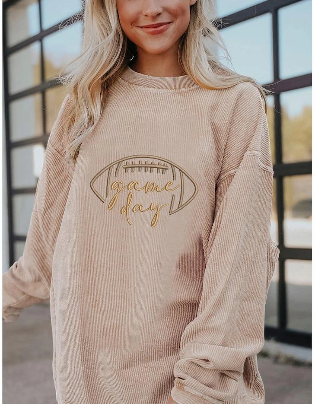 Apricot Rugby Game Day Embroidered Corduroy Sweatshirt