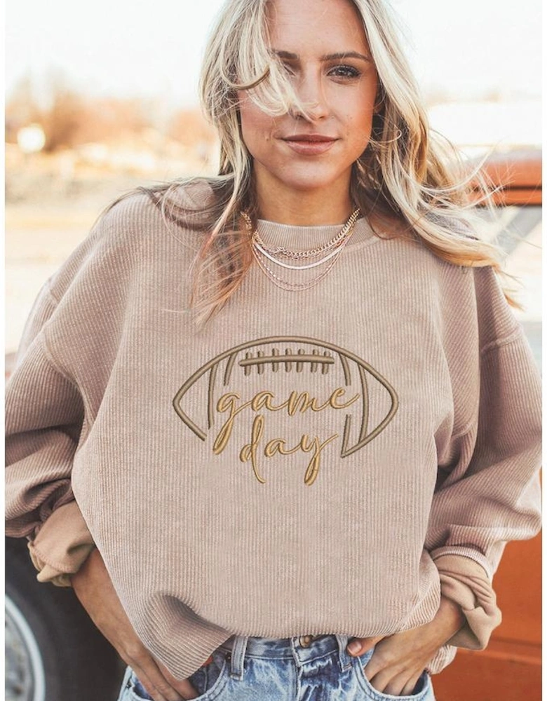 Apricot Rugby Game Day Embroidered Corduroy Sweatshirt