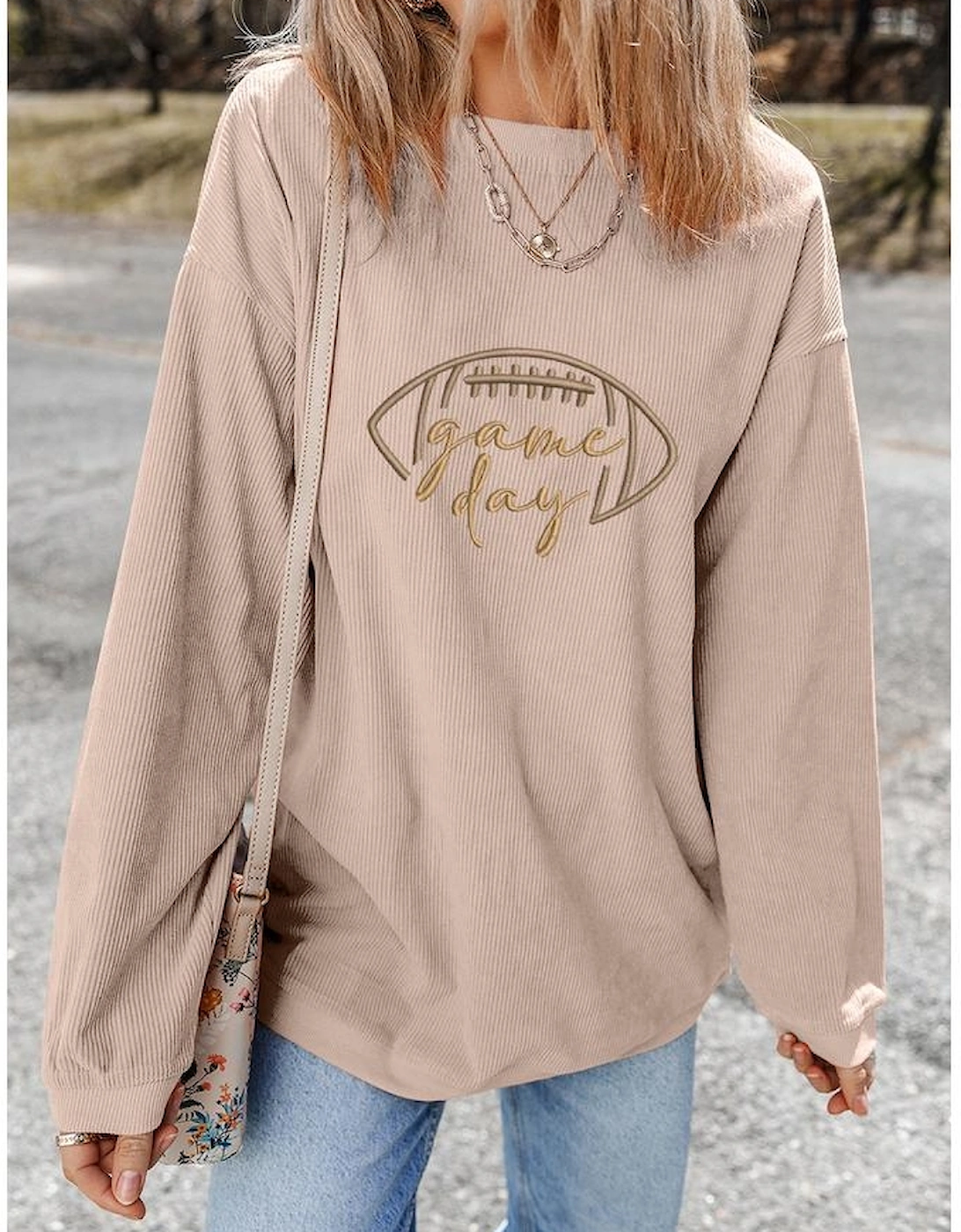 Apricot Rugby Game Day Embroidered Corduroy Sweatshirt