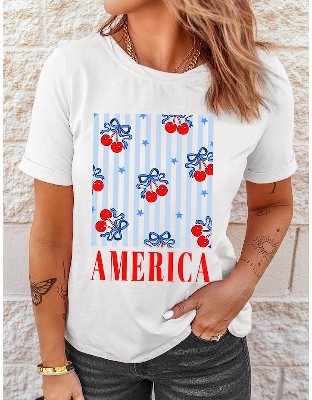 White Bow Cherry AMERICA Graphic Crewneck Patriotic T Shirt