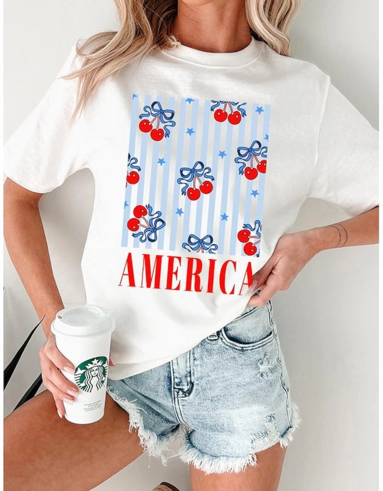White Bow Cherry AMERICA Graphic Crewneck Patriotic T Shirt