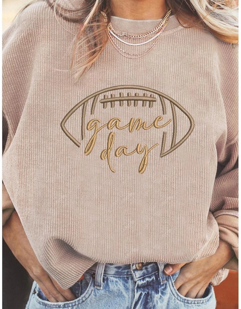Apricot Rugby Game Day Embroidered Corduroy Sweatshirt
