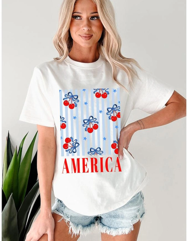 White Bow Cherry AMERICA Graphic Crewneck Patriotic T Shirt