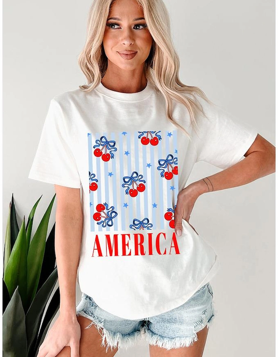 White Bow Cherry AMERICA Graphic Crewneck Patriotic T Shirt