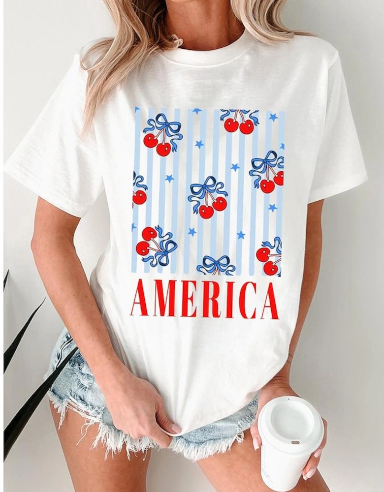 White Bow Cherry AMERICA Graphic Crewneck Patriotic T Shirt