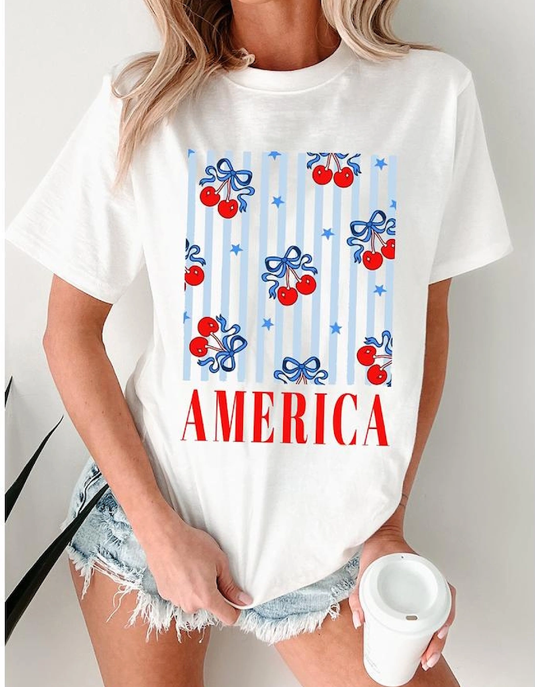White Bow Cherry AMERICA Graphic Crewneck Patriotic T Shirt