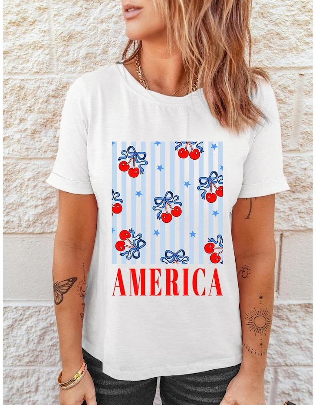 White Bow Cherry AMERICA Graphic Crewneck Patriotic T Shirt