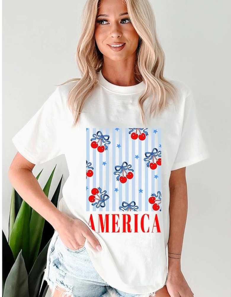 White Bow Cherry AMERICA Graphic Crewneck Patriotic T Shirt