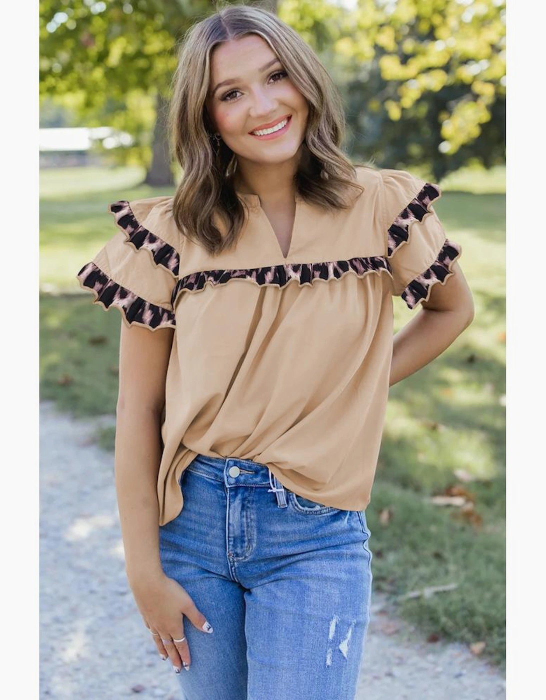 Smoke Gray Leopard Ruffles Trim Tiered Short Sleeve Blouse, 12 of 11