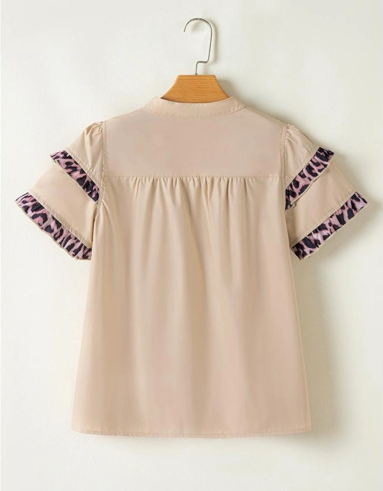 Smoke Gray Leopard Ruffles Trim Tiered Short Sleeve Blouse