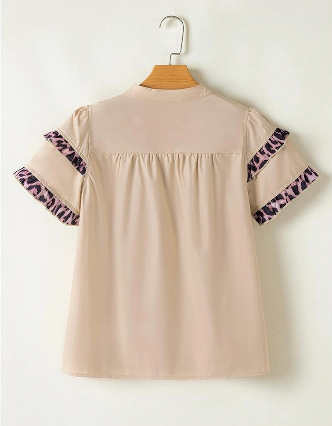 Smoke Gray Leopard Ruffles Trim Tiered Short Sleeve Blouse