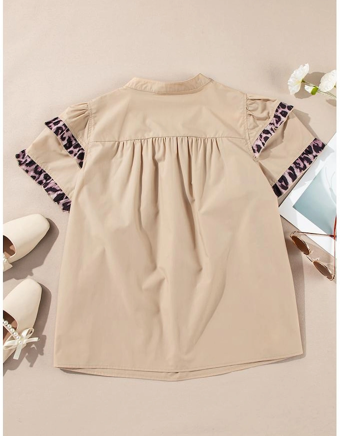 Smoke Gray Leopard Ruffles Trim Tiered Short Sleeve Blouse