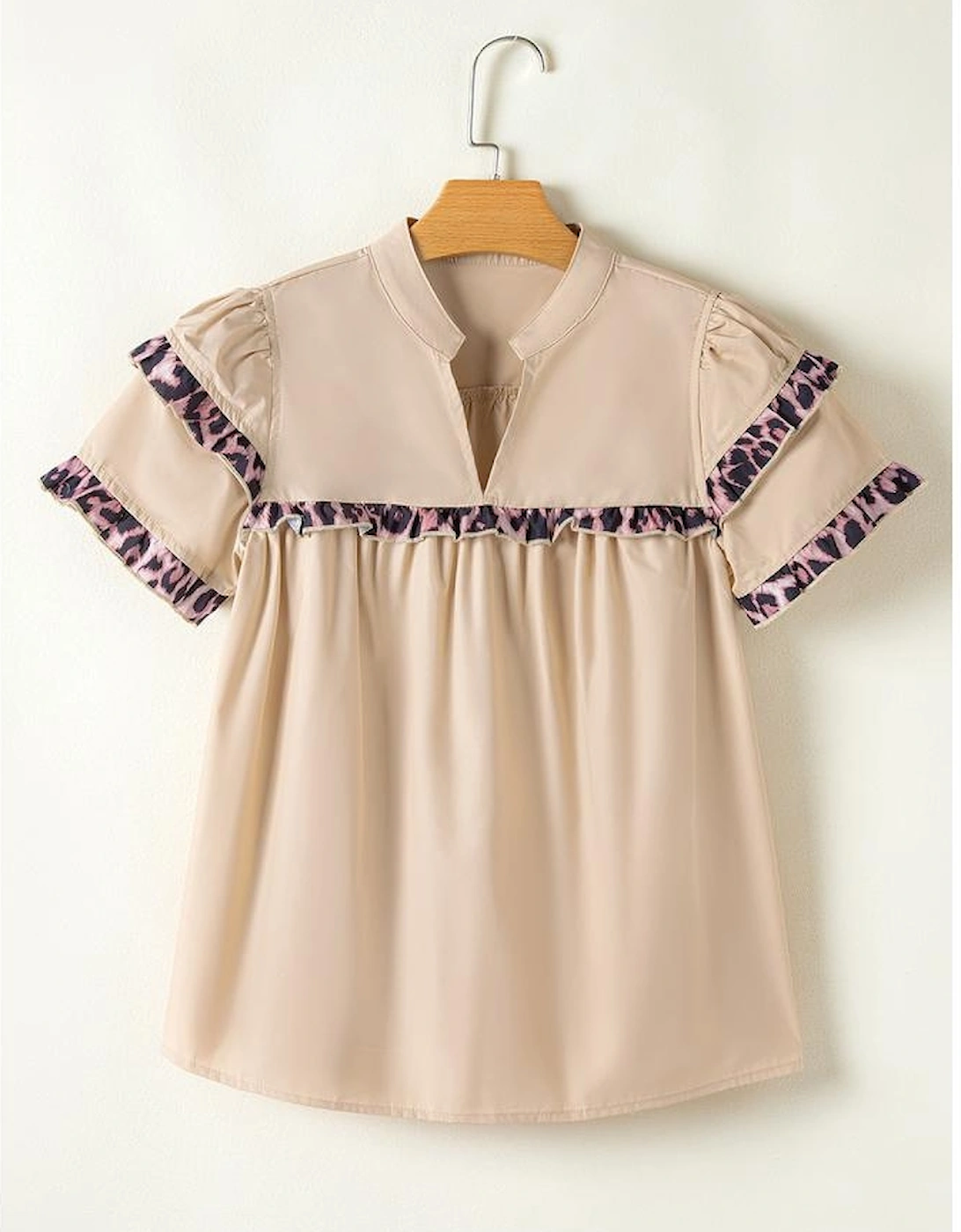 Smoke Gray Leopard Ruffles Trim Tiered Short Sleeve Blouse