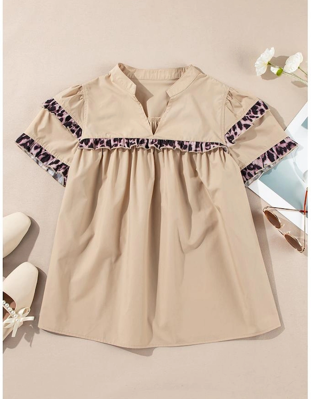 Smoke Gray Leopard Ruffles Trim Tiered Short Sleeve Blouse