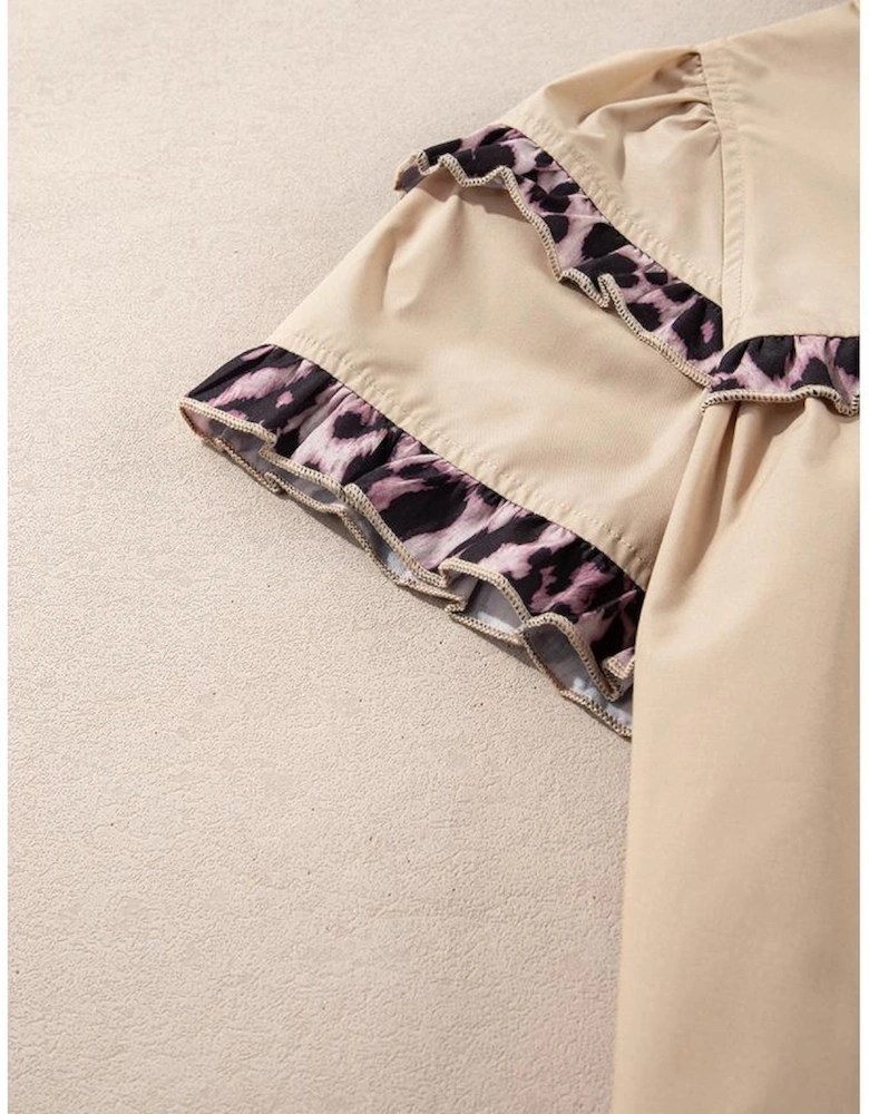 Smoke Gray Leopard Ruffles Trim Tiered Short Sleeve Blouse