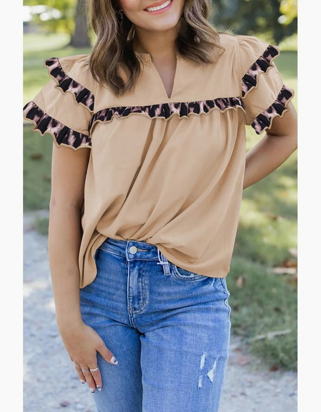 Smoke Gray Leopard Ruffles Trim Tiered Short Sleeve Blouse