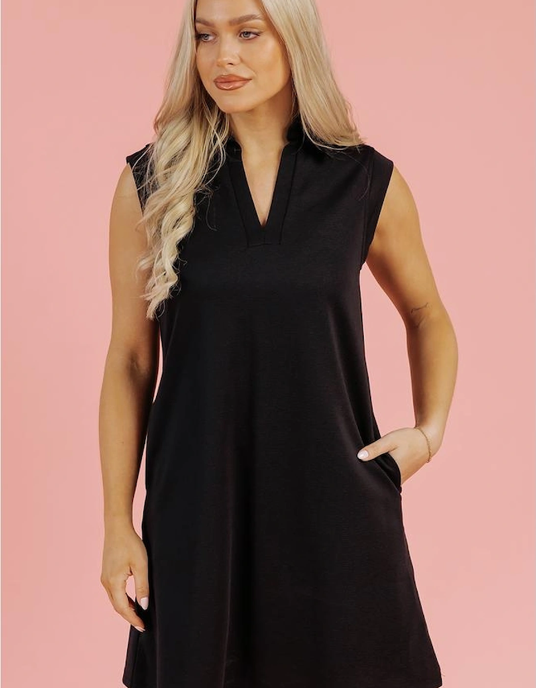 Black Solid Color Collared Slit Neck Sleeveless Mini Dress