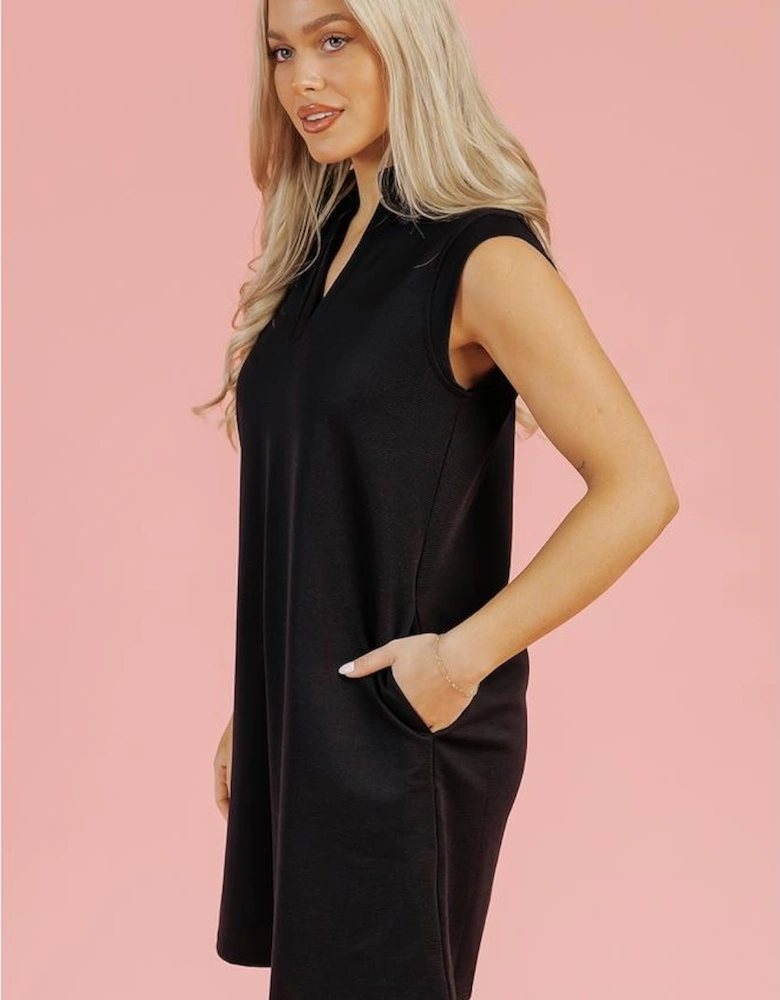 Black Solid Color Collared Slit Neck Sleeveless Mini Dress