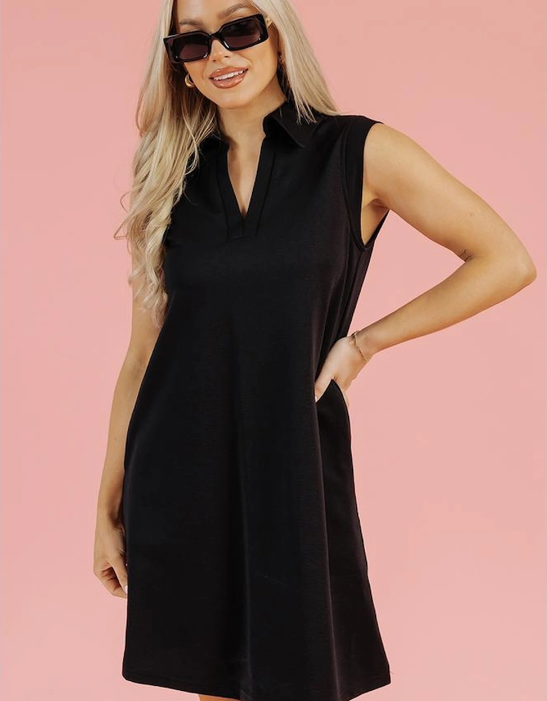 Black Solid Color Collared Slit Neck Sleeveless Mini Dress