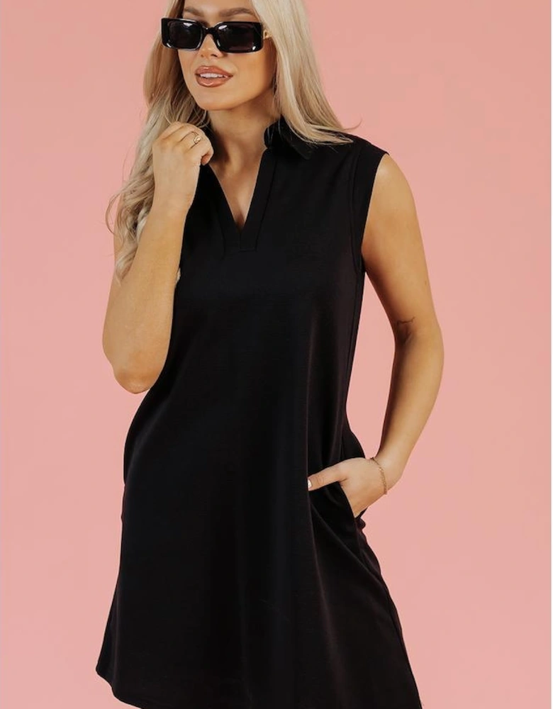 Black Solid Color Collared Slit Neck Sleeveless Mini Dress