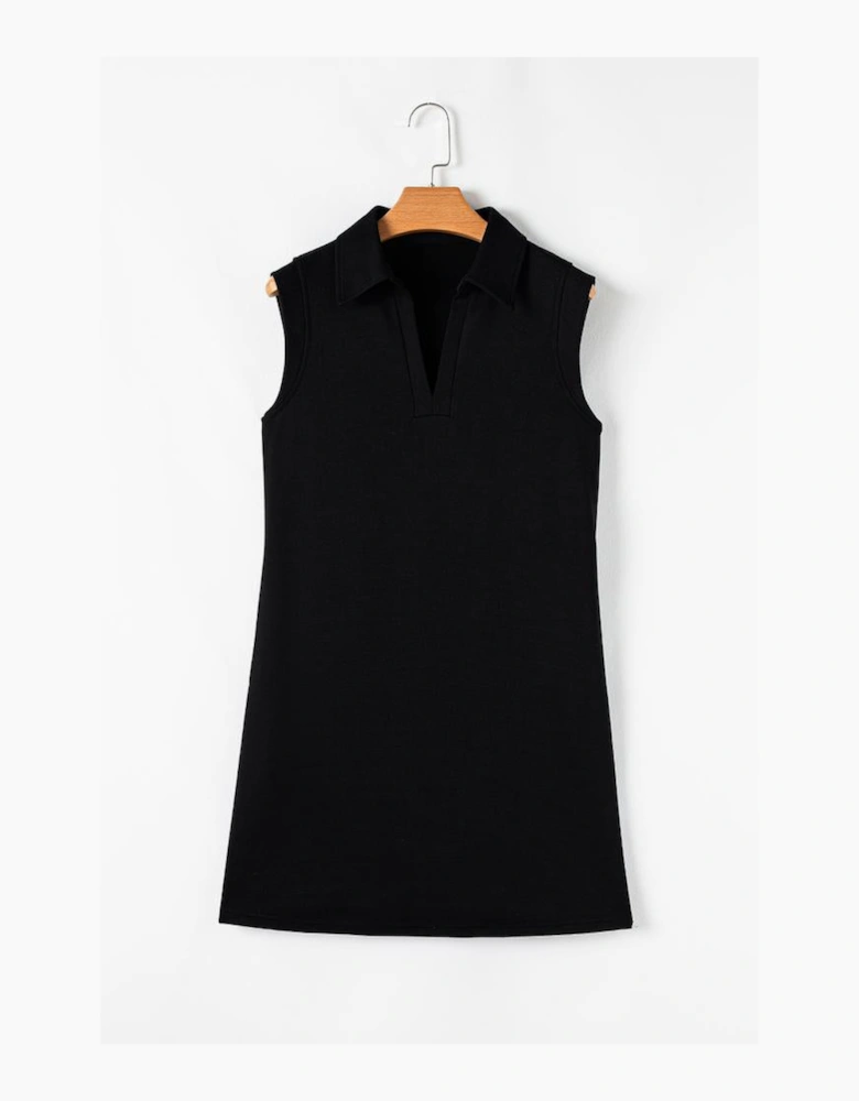 Black Solid Color Collared Slit Neck Sleeveless Mini Dress