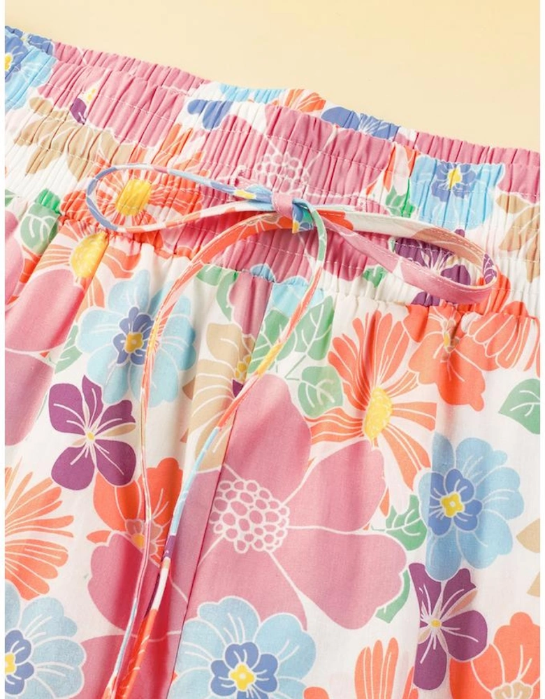 Pink Floral Smocked Waist Loose Pants