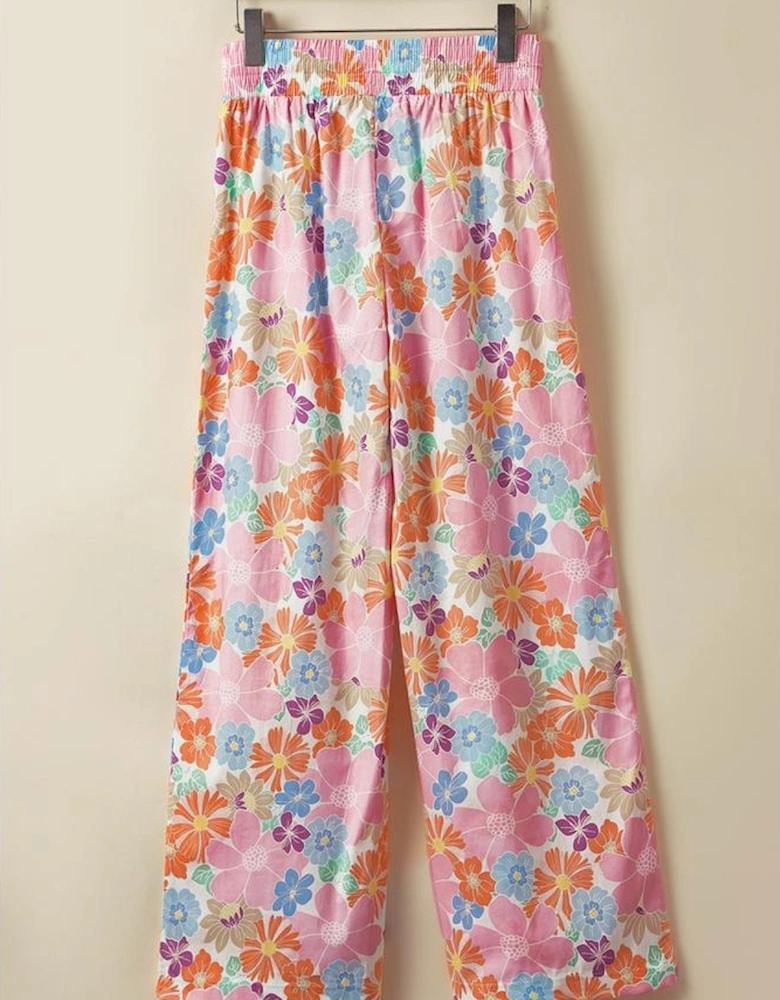 Pink Floral Smocked Waist Loose Pants