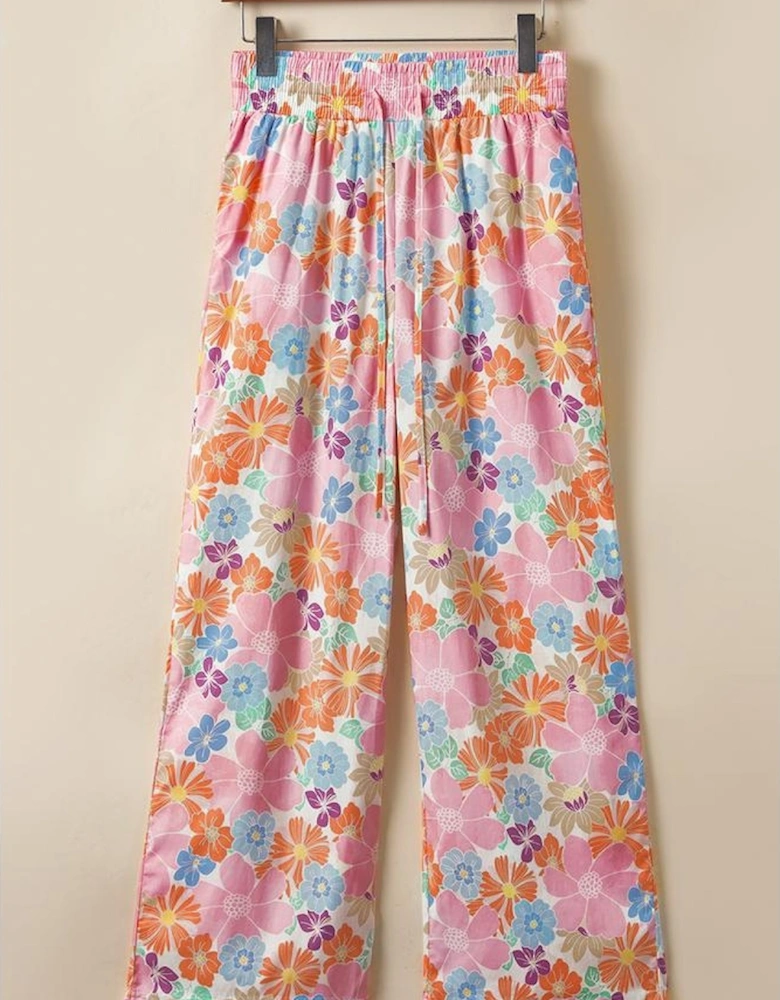 Pink Floral Smocked Waist Loose Pants