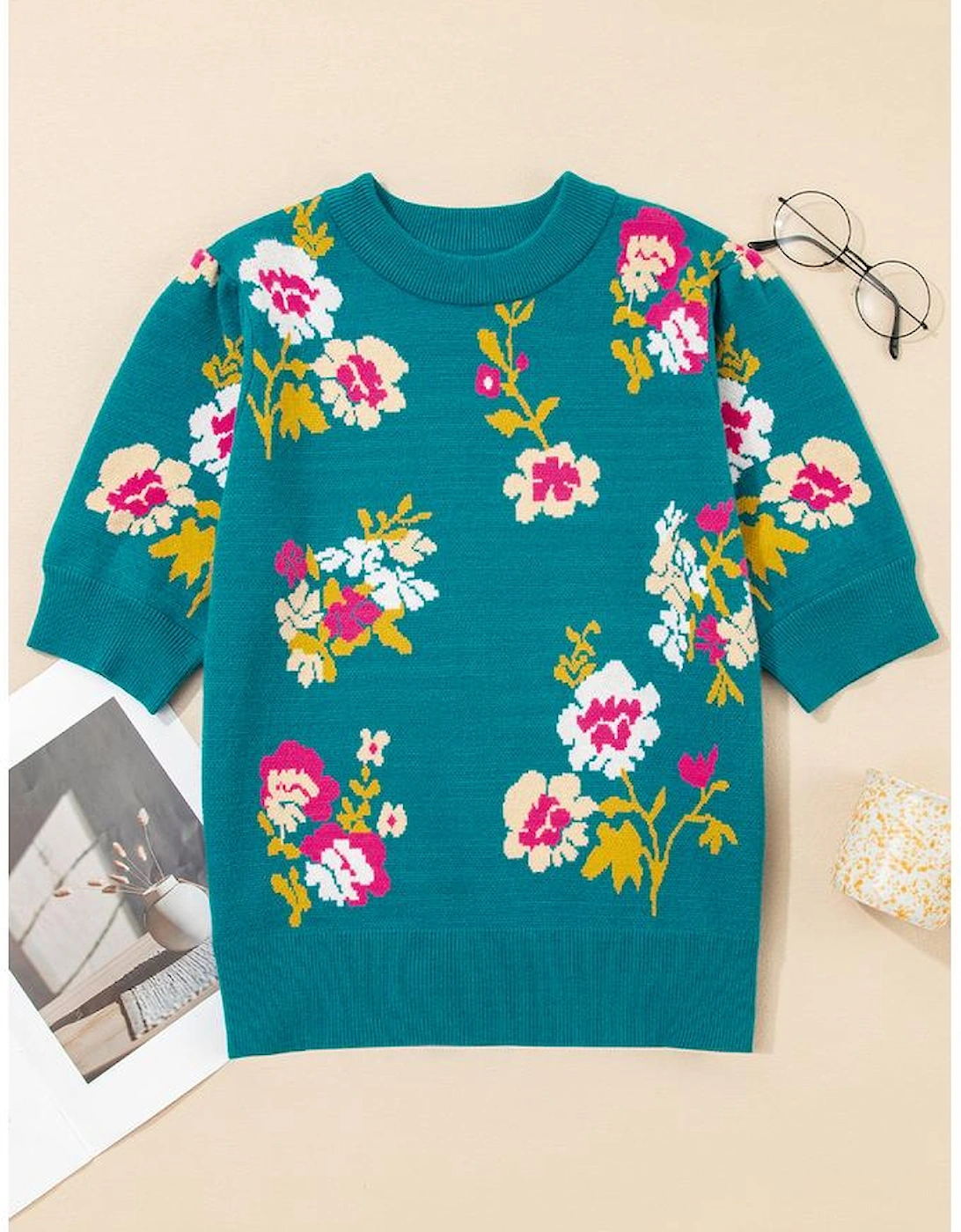 Blue Flower Pattern Mock Neck Short Sleeve Knitted T Shirt
